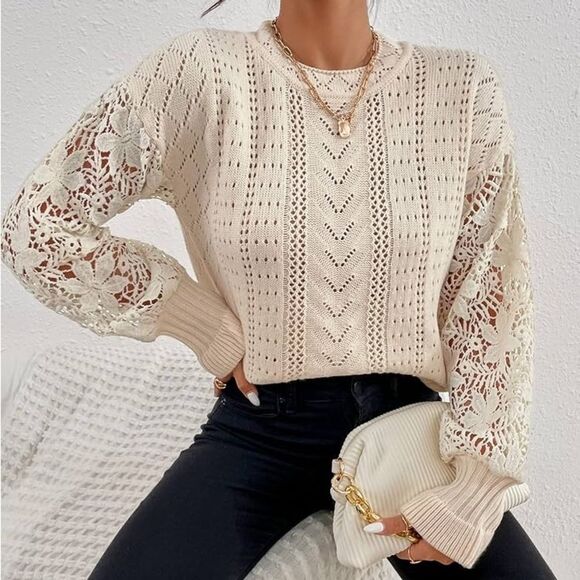 Sweaters - TOASTED ALMOND Pointelle Knit Floral Crochet Lace Sleeve Sweater SMALL